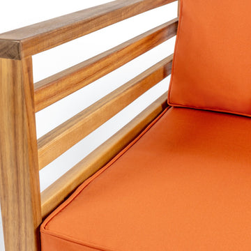 Thom 4-Piece Mid-Century Modern Acacia Wood Outdoor Patio Set with Cushions and Plaid Decorative Pillows - JONATHAN Y